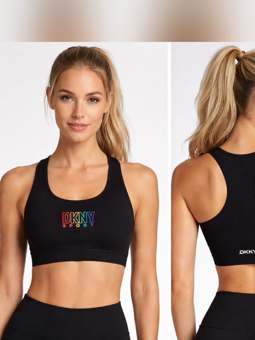 #1082 DKNY Black Racerback Sports Bra with Rainbow Logo